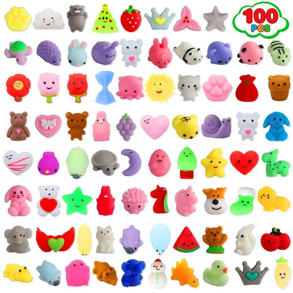 100 Pack Squishies Toys, Tiny Mochi Squishy Fidget Toys Random Bulk Party Favors for Kids 4- 8 8-12 Goodie Bag Pinata Stocking Stuffers Classroom Prizes Treasure Box Egg Fillers Girls