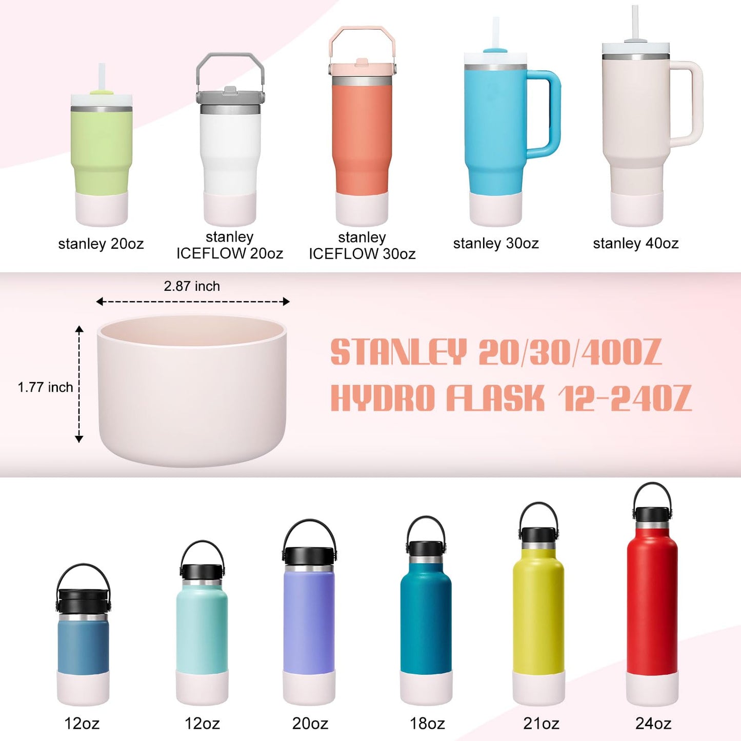 DBIW Boot for Hydro Flask 12-24OZ Water Bottle/Stanley Tumbler 40OZ, Bottom Boots for Hydroflask Sports Water Bottles, Silicone Bottom Cover Sleeve (Rose Quartz, Fits Stanley Cups + Hydro 12-24 oz)