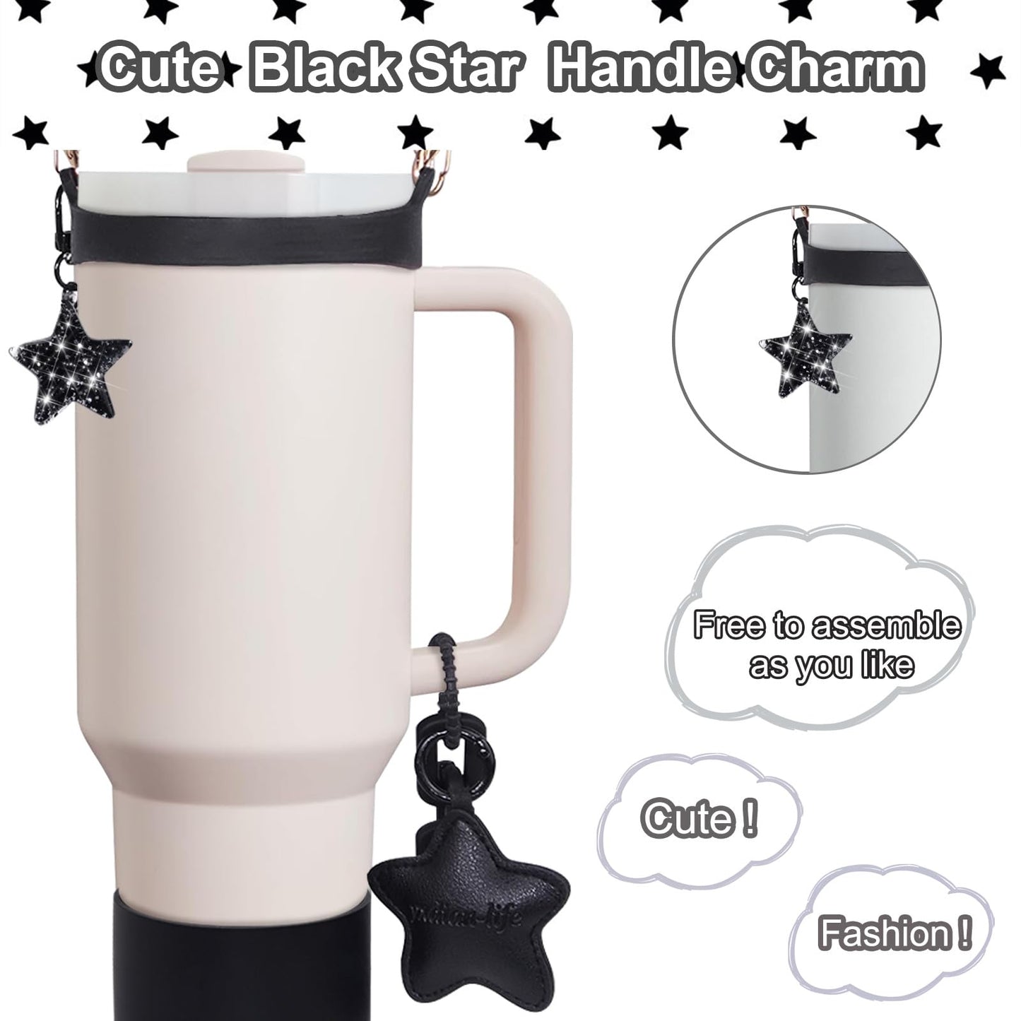 VirgoCCY 5PCS Stanley Cup Accessories Set 30&40 Oz, includes 1pcs 0.4in Straw Covers, 1 Water Bottle Handle Strap, 2 Cute Love Heart Chain Hanging Charms and 1 Silicone Boot, Black Star