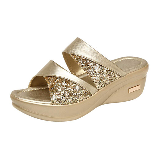 Shengsospp Women's Open Toe Buckle Ankle Strap Platform Wedge Sandals Backless Slip On Platform Slides Dress Shoes with Adjustable Buckle 06_Gold, 5.5