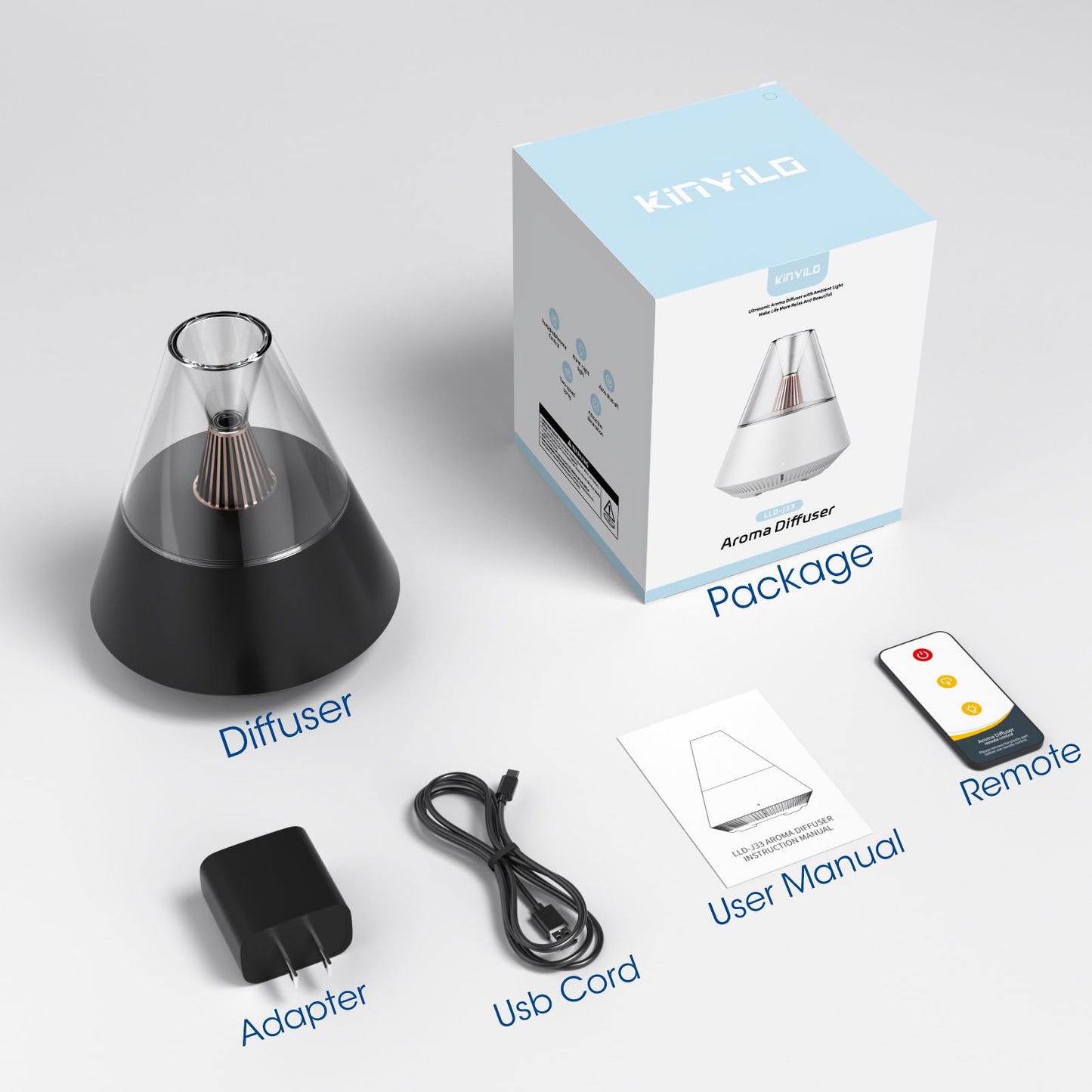 KinYiLO Essential Oil Diffuser, Modern Style Aroma Diffusers with Candle Light Remote Control, USB Powered 150ml Ultrasonic Cool Mist Aromatherapy for Home Room Office Bedroom, Automatic Off, Black