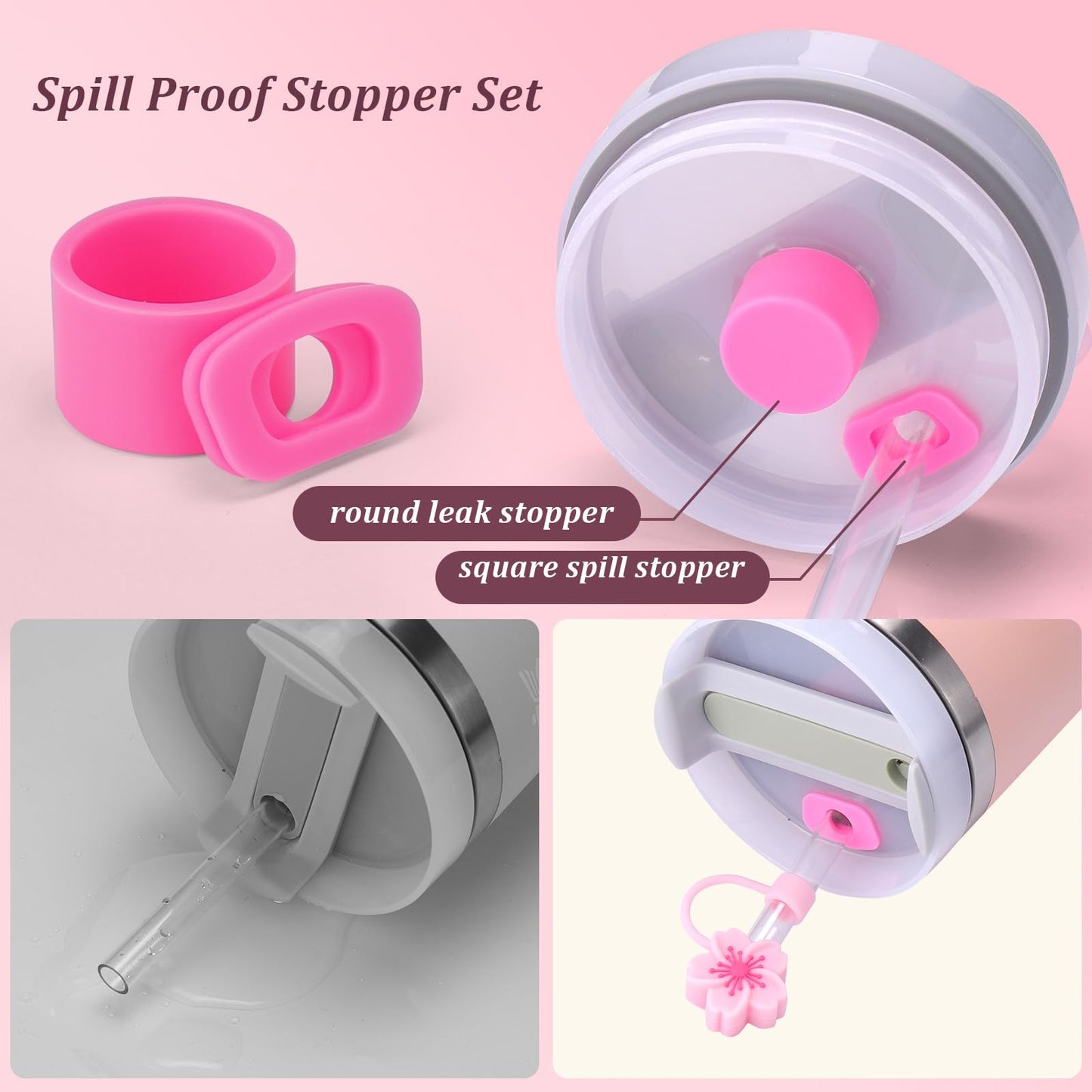 Mity rain 11PCS Cup Accessories for Stanley Cup 30oz 40oz Tumbler with Handle, Including Water Bottle Handle Strap, Spill Proof Stopper, Boot, Straw Topper Cover Cap for Stanley (Pink)
