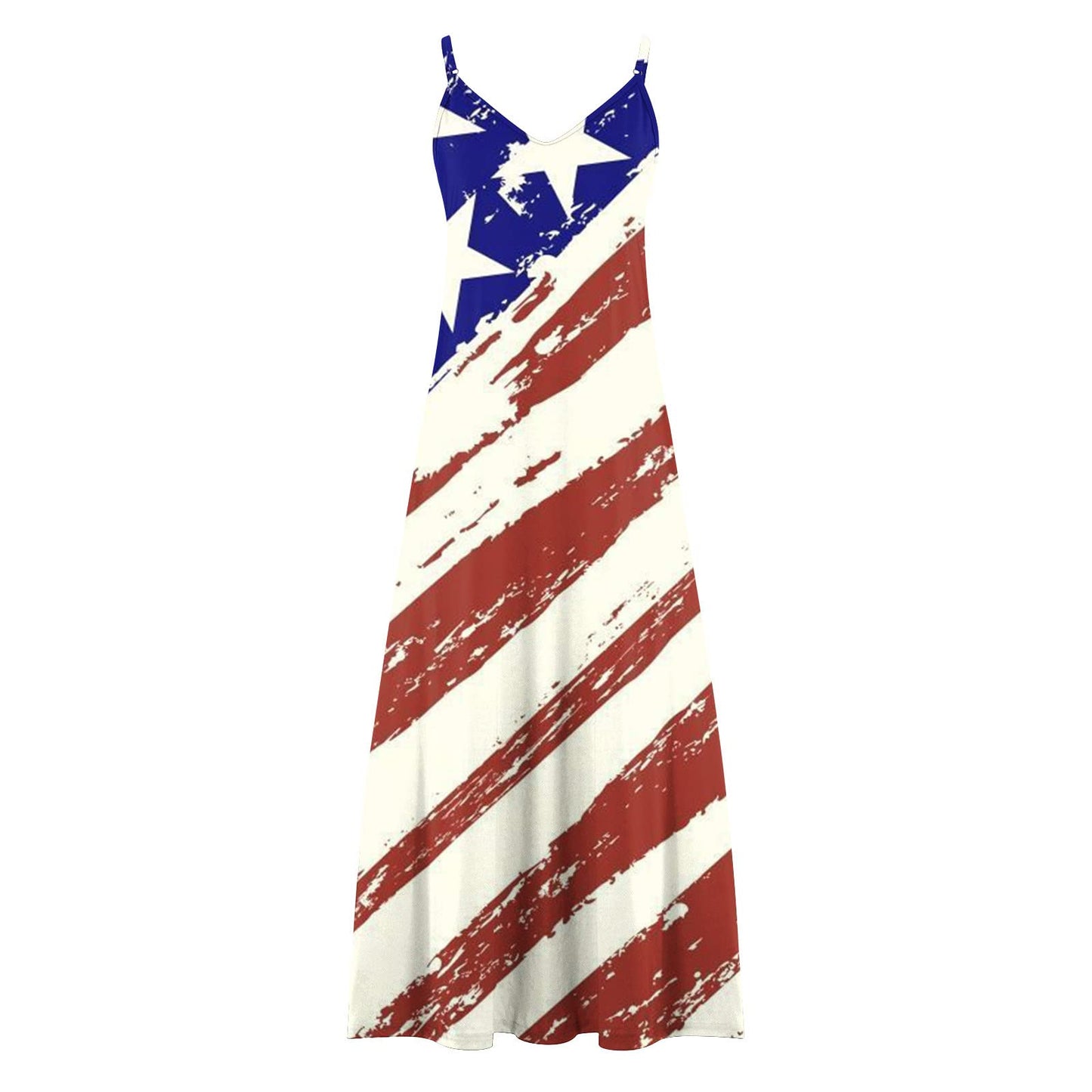 hlysgo Patriotic Dress for Women 2024 Trendy Stars Stripes Print Sleeveless V Neck Maxi Dresses 4th of July Vacation Dress
