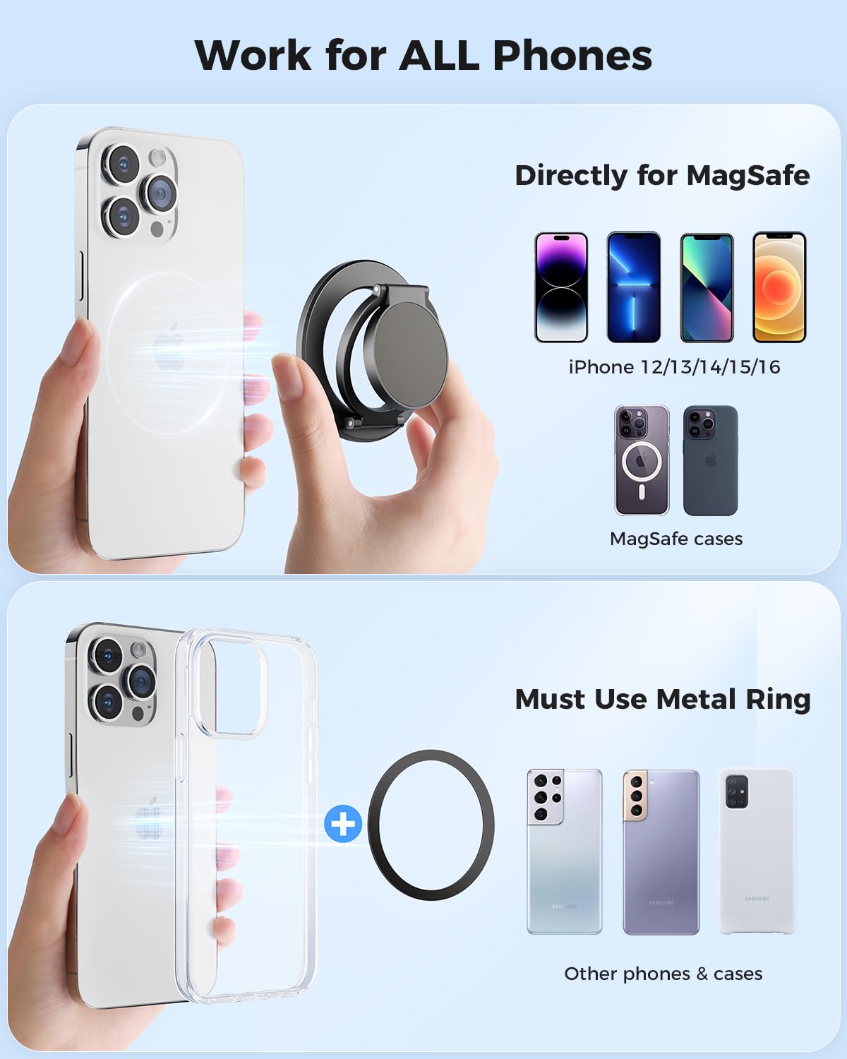 SUPERONE Magnetic Ring Holder for MagSafe Dual-Side Magnetics, Removable Gym Phone Grip with Kickstand for iPhone 16/15/14/13/12/ Series MagSafe Case All Phones Compatible with Magnetic Car Mount