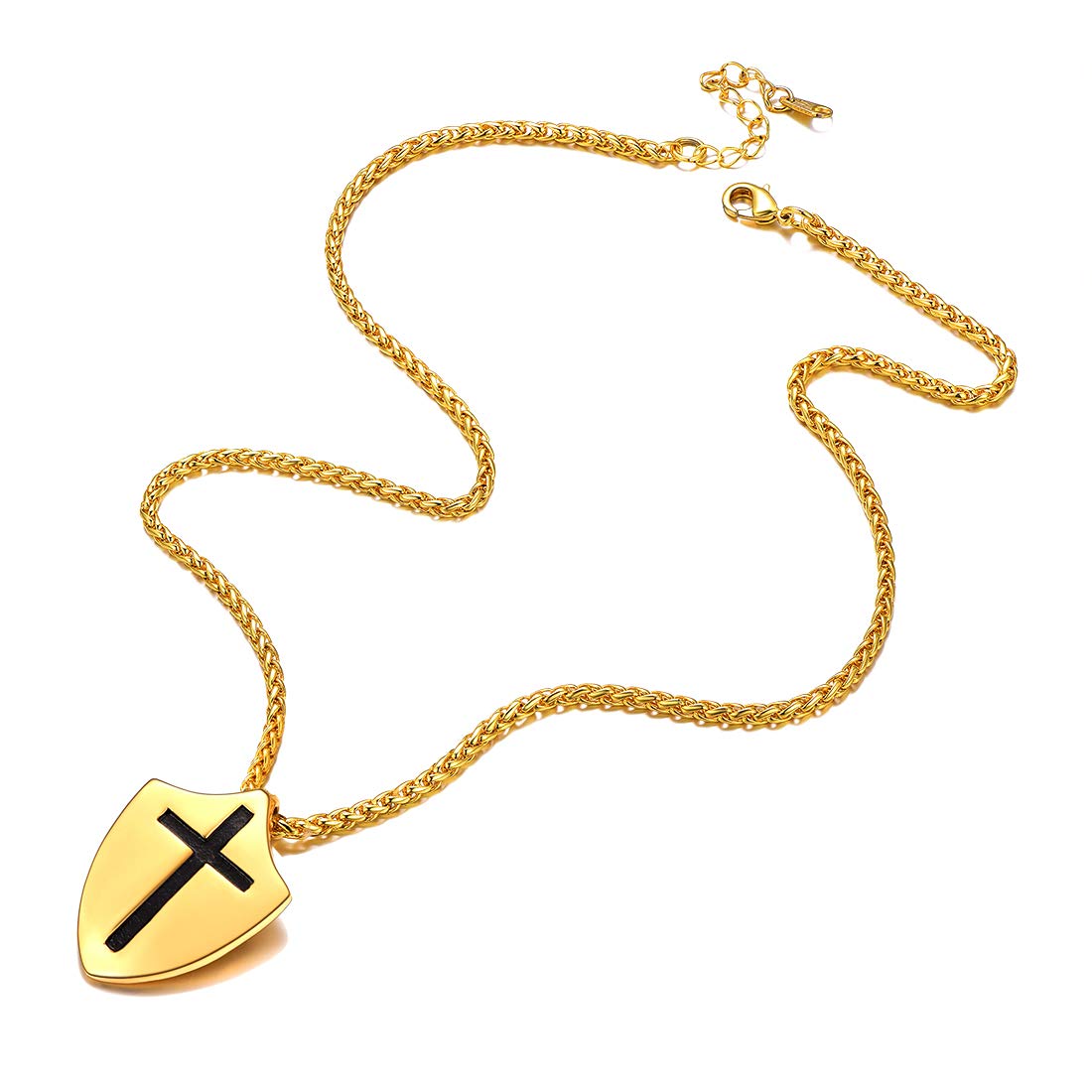 U7 Armor of God Necklace Ephesians 6:10, with Singapore Chain 22 Inch, 18K Real Gold Plated Stainless Steel Faith Cross Shield Pendant Necklace for Men and Women (Send Gift Box)