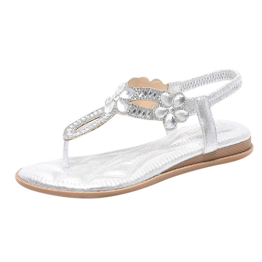 Women Elasticity Ankle Strap Flats Sandals with Rhinestones Comfortable Soft Cushion Summer T-Strap Casual Walking Thong Sandals White_05, 8