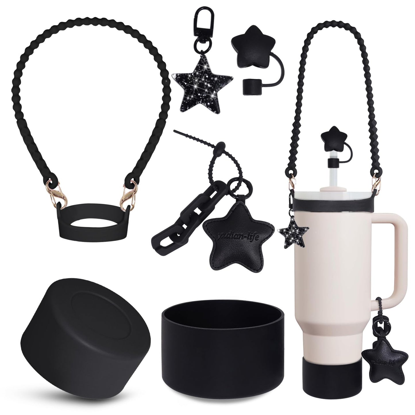 VirgoCCY 5PCS Stanley Cup Accessories Set 30&40 Oz, includes 1pcs 0.4in Straw Covers, 1 Water Bottle Handle Strap, 2 Cute Love Heart Chain Hanging Charms and 1 Silicone Boot, Black Star