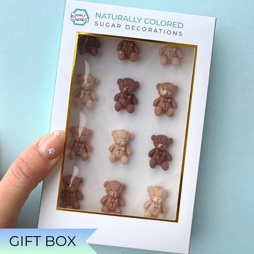 12 Dye Free Teddy Bear Edible Sugar Decorations, Vegan, Gluten-Free, Edible Cake Toppers for Cupcakes, Cookies & Desserts, by Simply Sucré (12 Teddy Bears)