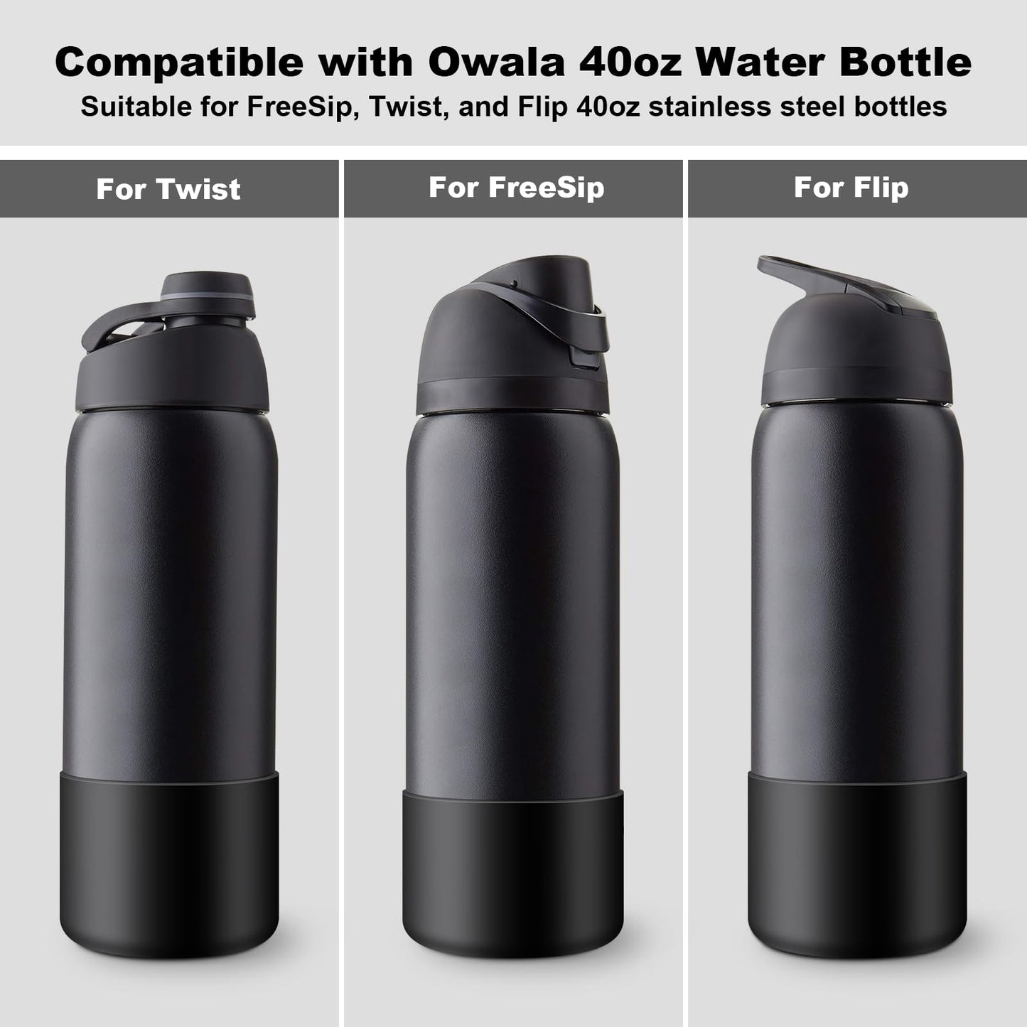 Comheral 2PCS Silicone Water Bottle Boot for Owala 40oz, Anti-Slip Protective Sleeve Bottom Bumper for FreeSip, Twist, and Flip Stainless Steel Bottles, Dishwasher Safe and BPA Free(Black)