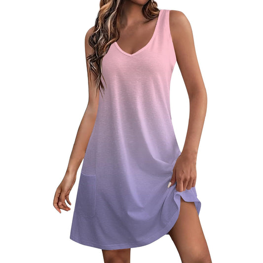 Tank Top Dress for Women Sun Dresses Summer Boho Beach Dress Floral T-Shirts Dress V Neck Loose Tank Dresses with Pockets