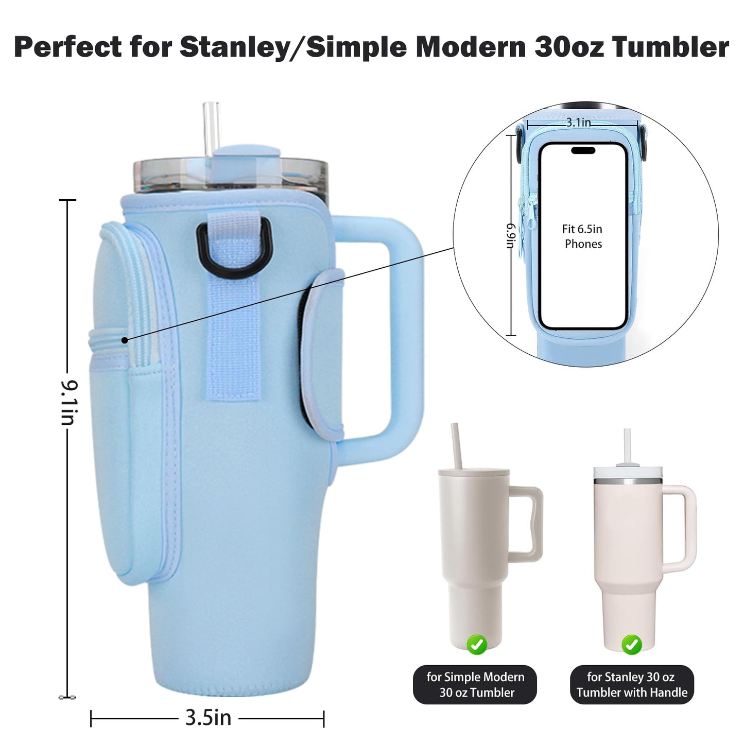 GOEWY Water Bottle Carrier Bag for Stanley 30oz Tumbler with Phone Pocket Water Bottle Holder with Strap Neoprene Water Bottle Pouch for Stanley Cup Accessories