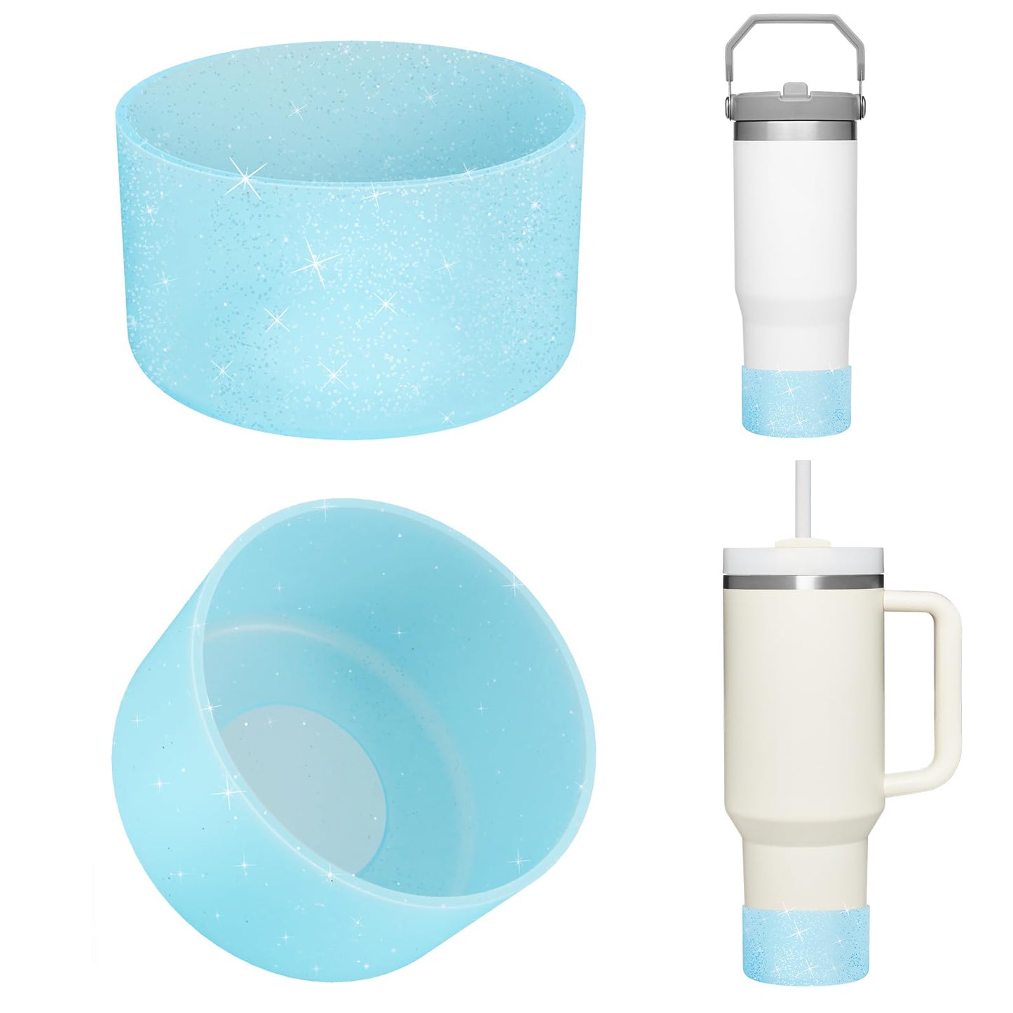 Upgrade 2PCS Protective Silicone Boot Bumper for Stanley Quencher Adventure 40oz 30oz IceFlow 20oz 30oz Tumbler, Water Bottle Bottom Sleeve Cover Accessories for Stanley Mug Cup(Glitter Blue)