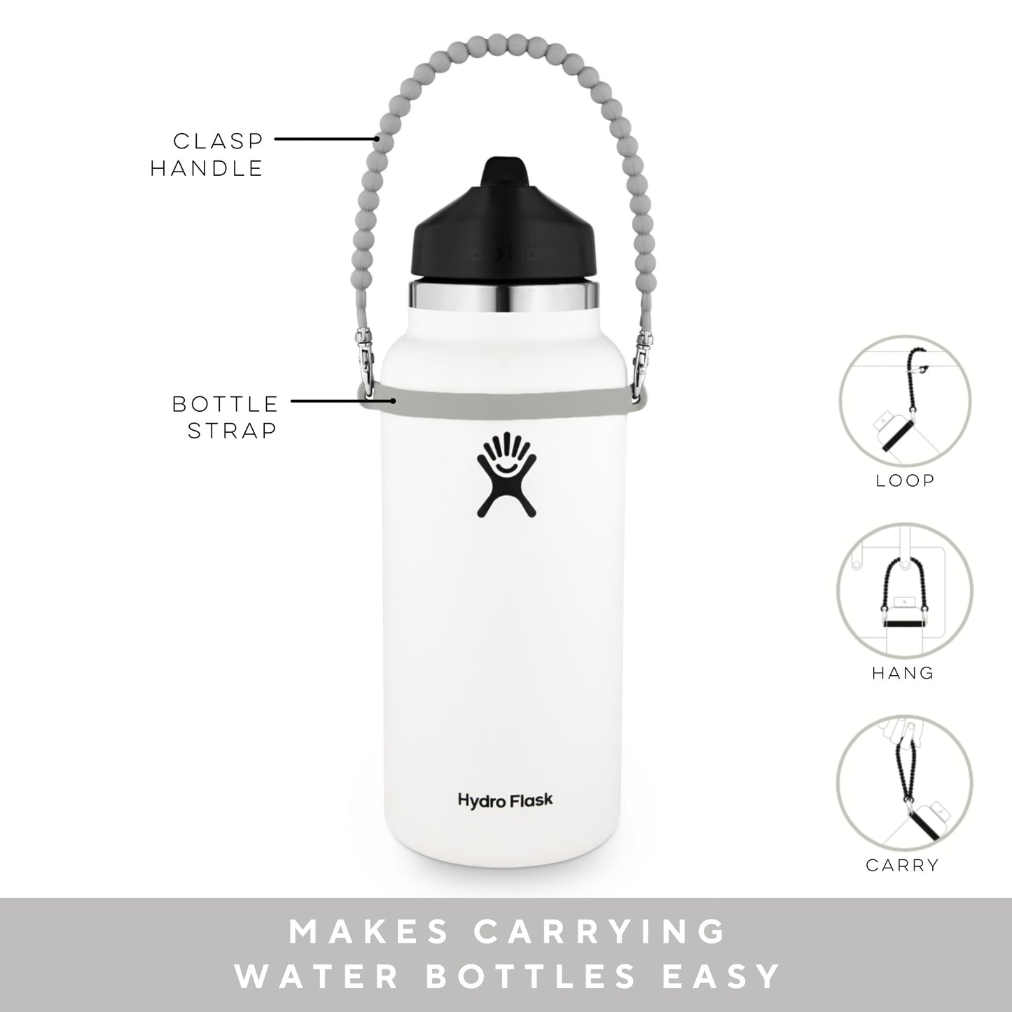 Ryan & Rose Water Bottle Handle - Water Bottle Sling, Carrier, Holder with strap - Soft Durable Silicone - Fits Most 8-40oz Bottles - Compatible Stanley Cup Accessories (White)