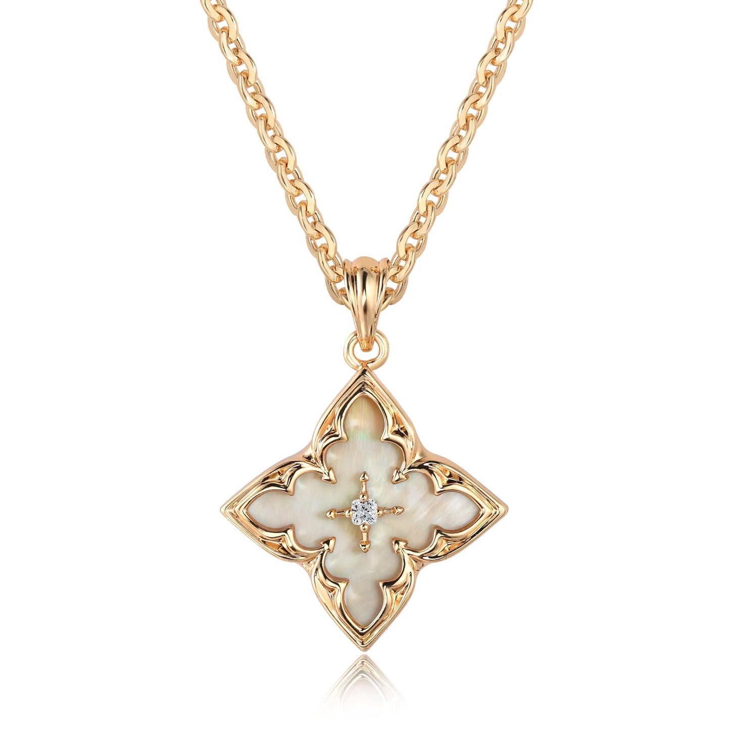 Fettero Gold Clover Necklace for Women Dainty 14K Gold Plated CZ Pendant Necklace Charm Colorful Clover Pendant Lucky Necklaces for Women Jewelry - White Mother of Pearl