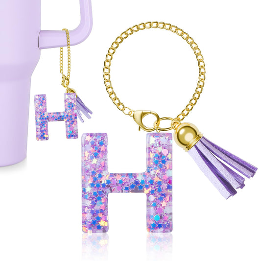 MOYOHIM Letter Charm for Stanley Cup, 1PCS Cute Tumbler Accessories Charm for Handle, Purple Personalized Initial Keychain Charm for Girls Women