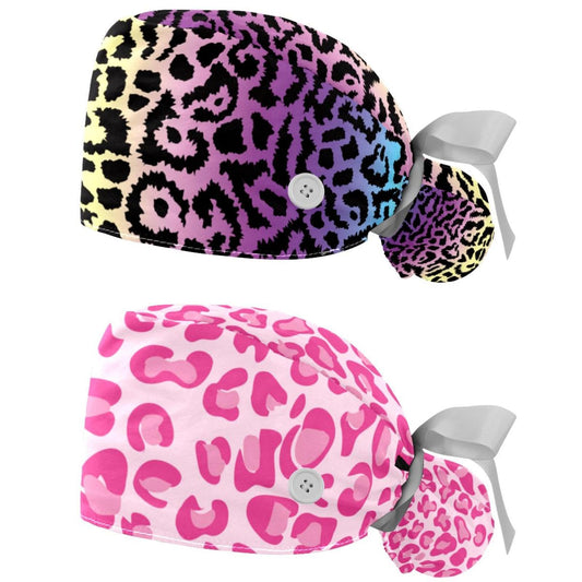 Generic 2 Pcs Leopard Unisex Working Cap with Button Sweatband Adjustable Tie Back Bouffant Hats
