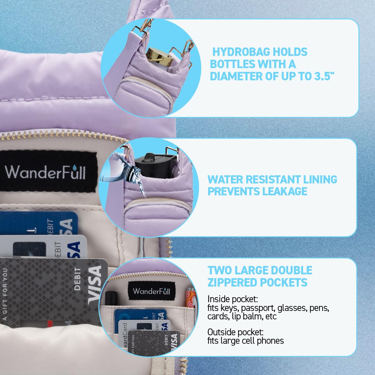 WanderFull Original Crossbody HydroBag | Quilted Water Bottle Carrier & Adjustable Strap | Puffer Tote with Two Pockets for Phone & Accessories | Carry Travel Essentials (Lavender)