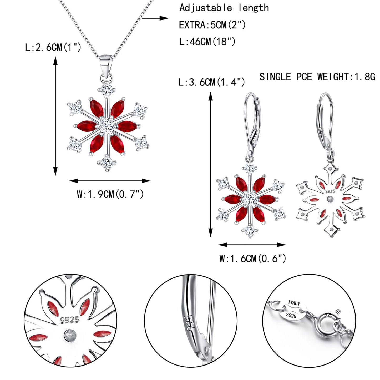 EVER FAITH Snowflake Jewerly Set 925 Sterling Silver Winter Accessory Sparkle Red CZ Flower Necklace Leverback Earrings Sets