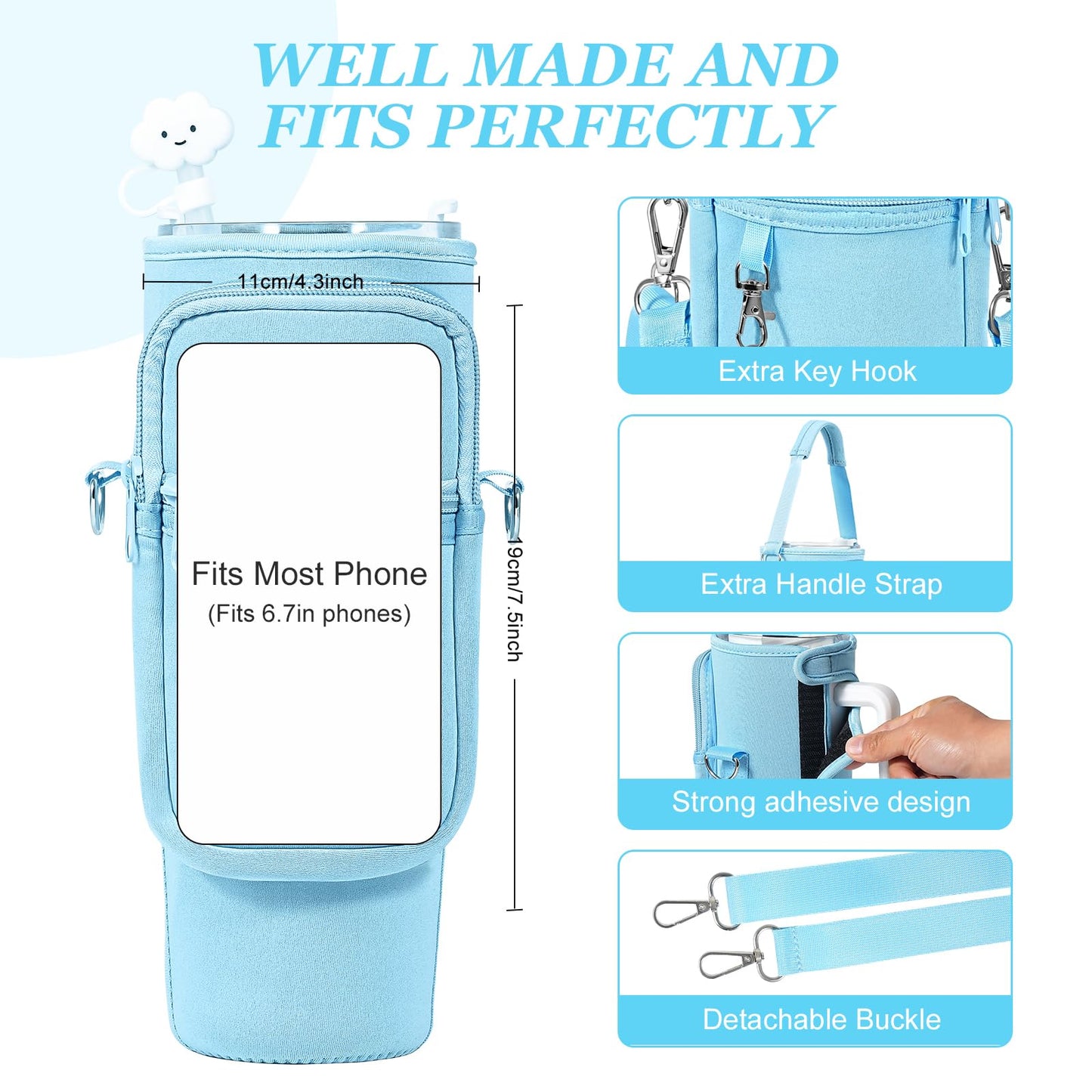 Water Bottle Carrier Bag with Pouch for Stanley 40 oz Tumbler with Handle, Neoprene Water Bottle Holder Pocket with Adjustable 4.9FT Strap, Bottle Pouch for Stanley Cup Accessories(Blue)