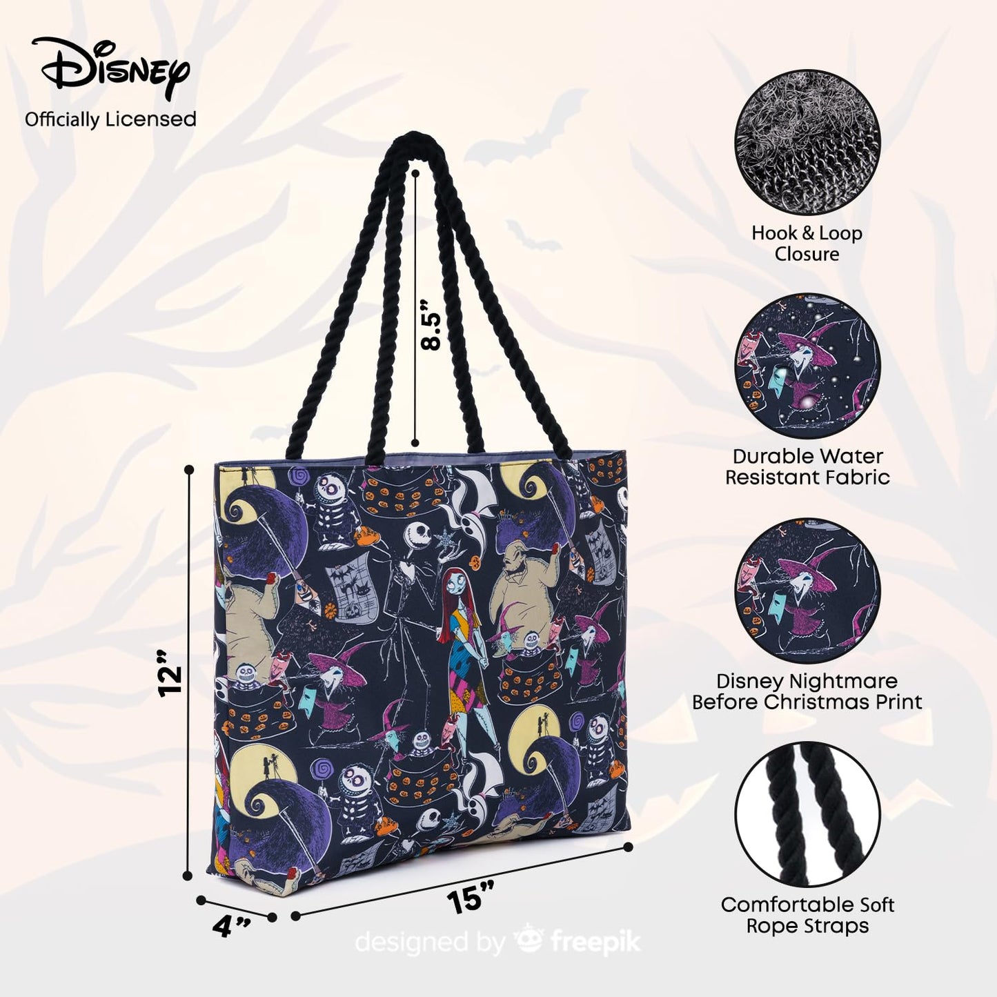 Disney Nightmare Before Christmas Tote, Jack Skellington Sally Zero Print, Large Water-Resistant Canvas Bag, Halloween Town Accessory, Work, Travel Carry-All for Women