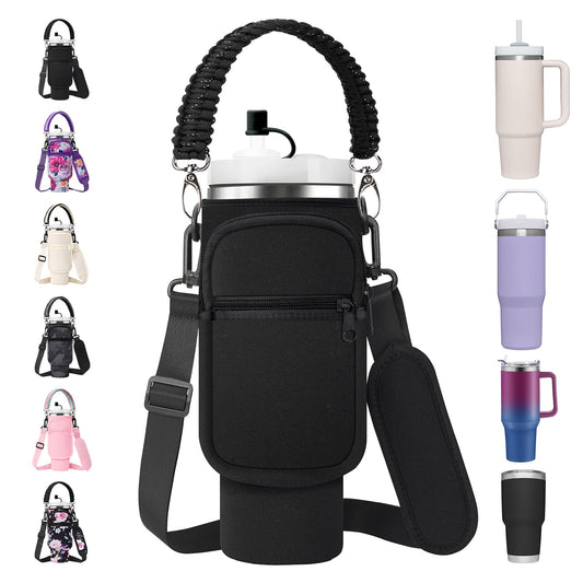 AceTreker 40/30 oz Stanley Cup Carrier Bag with Paracord Handle, Neoprene Stainless Steel Tumbler Sleeve Pouch with 2 Pockets & Adjustable Strap & Straw Cover for Walking Hiking Gym-Black