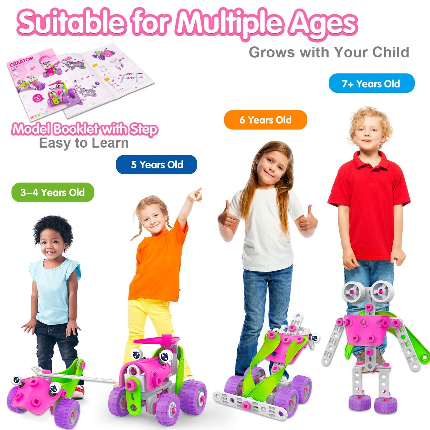 STEM Toys for 4 5 6 7 8+ Year Old Girl Birthday Gifts Pink Educational Building Toys for Kids Ages 4-8 5-7 8-10 Stem Activities Construction Toy for Girls 4-6 6-8 Creative Games Holiday Idea Gift