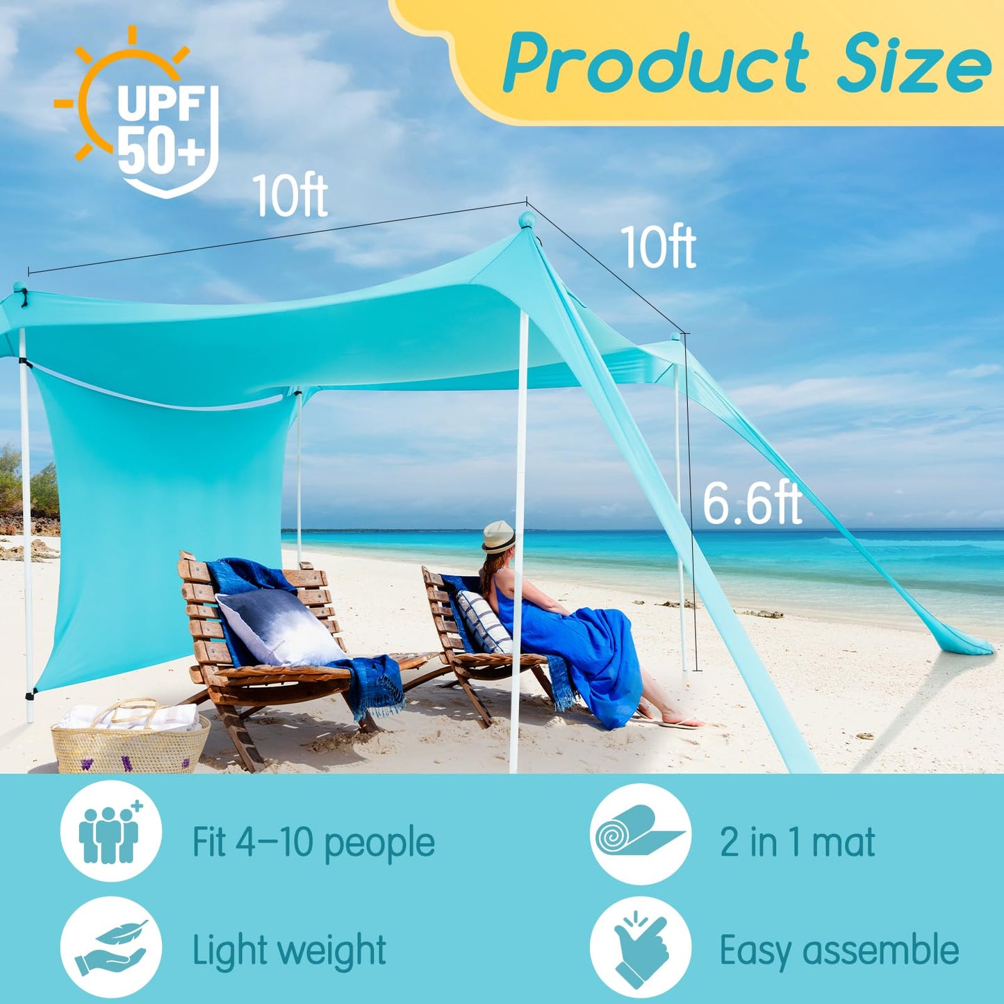 deli Beach Tent, Beach Canopy with UPF50+ Protection, Foldable Poles, 2 in 1 Beach Blanket, Carrying Bag,Sand Shovel,10x10FT Beach Tent Sun Shelter for Backyard Fun, Camping Or Picnics，Easy to Setup