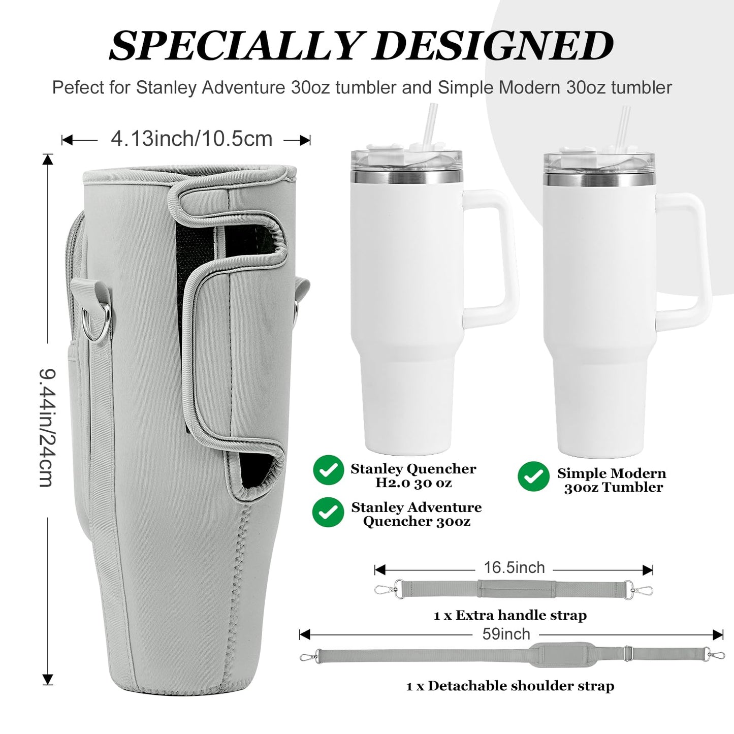 Water Bottle Holder with Strap Pouch and Handle fits for Stanley 30 oz Tumbler, Water Bottle Carrier Bag with 4.9FT Strap, Bottle Pouch for Stanley Cup Accessories