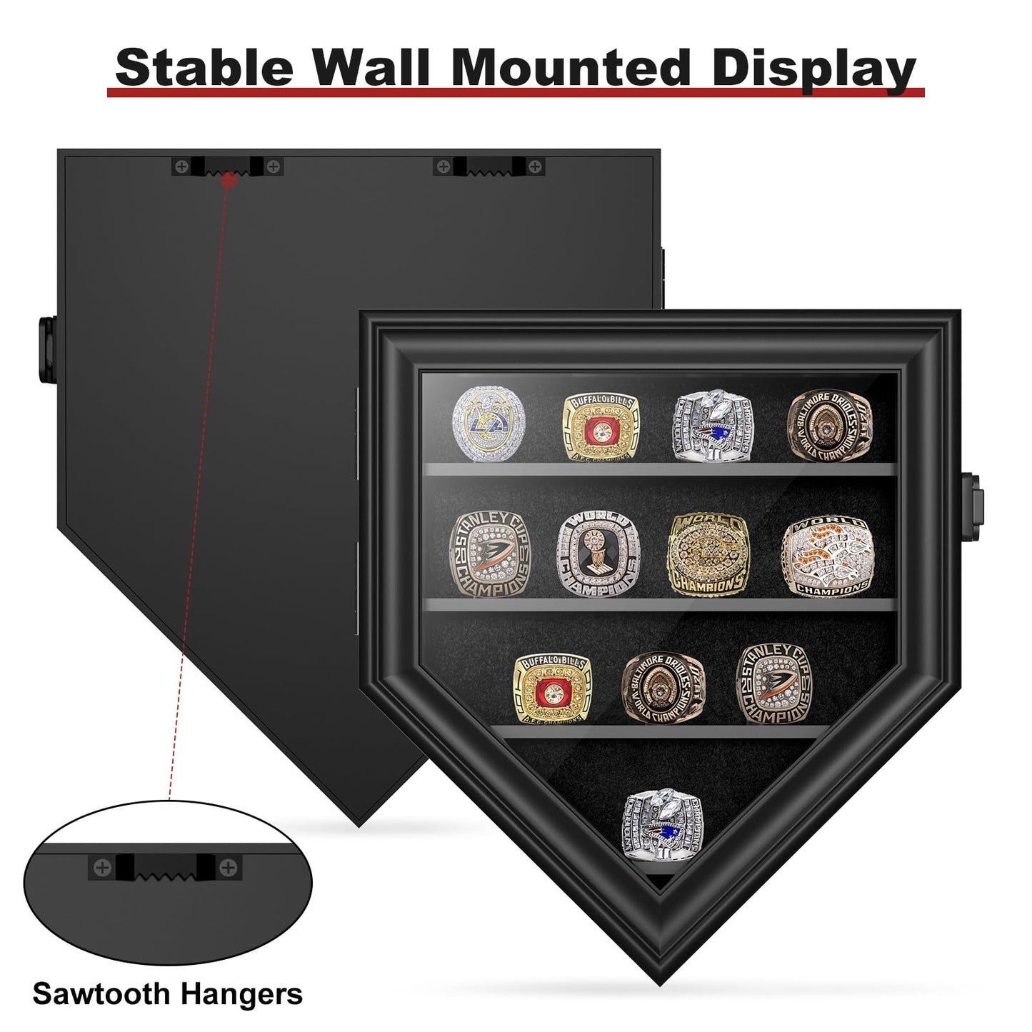 Championship Ring Display Case, 12 Ring Posts Baseball Ring Holder, Baseball Ring Display Case Lockable Wall Mount Wooden Shadow Box for Multiple Championship Rings
