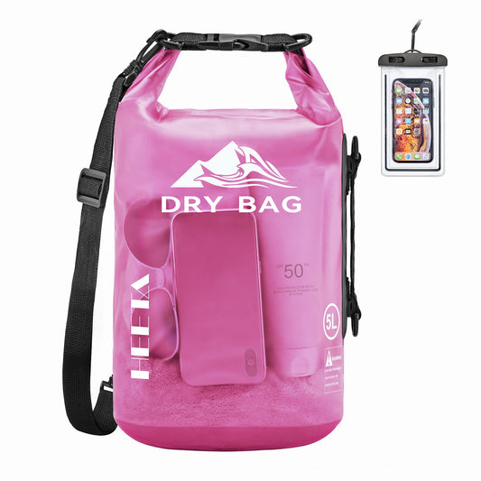 HEETA Waterproof Dry Bag for Women Men, Roll Top Lightweight Dry Storage Bag Backpack with Phone Case for Travel, Swimming, Boating, Kayaking, Camping and Beach, Transparent Rose Red 5L
