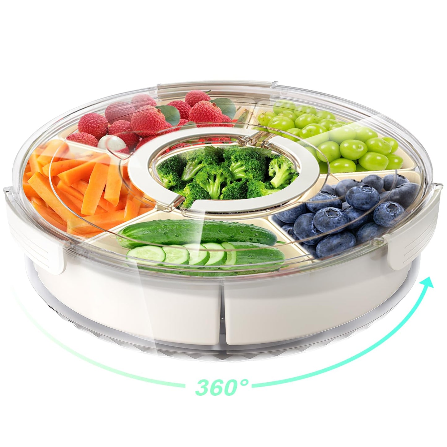 Divided Rotating Serving Tray with Lid and Handle, Portable Snackle Box for Fruits Snacks Veggie Charcuterie, Clear Lazy Susan Organizer and Fridge Storage Container for Adults Child (1PCS,12" L