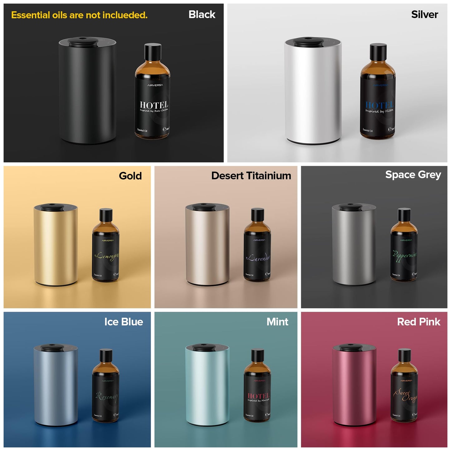 Airversa Waterless Essential Oil Diffuser for Home Aromatherapy Scent Diffusers with 3 Countdown Timer Settings or Timer-Off, 3 Mist Levels for Car Room Studio Office, ANX Premium Metal Black