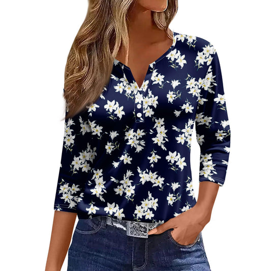 Generic 3/4 Sleeve T Shirts for Women Summer V Neck T Shirts for Women 3/4 Length Sleeve Trendy Tops for Women 2024 Floral Print Blouses for Women Casual Aesthetic Clothes Royal Blue S