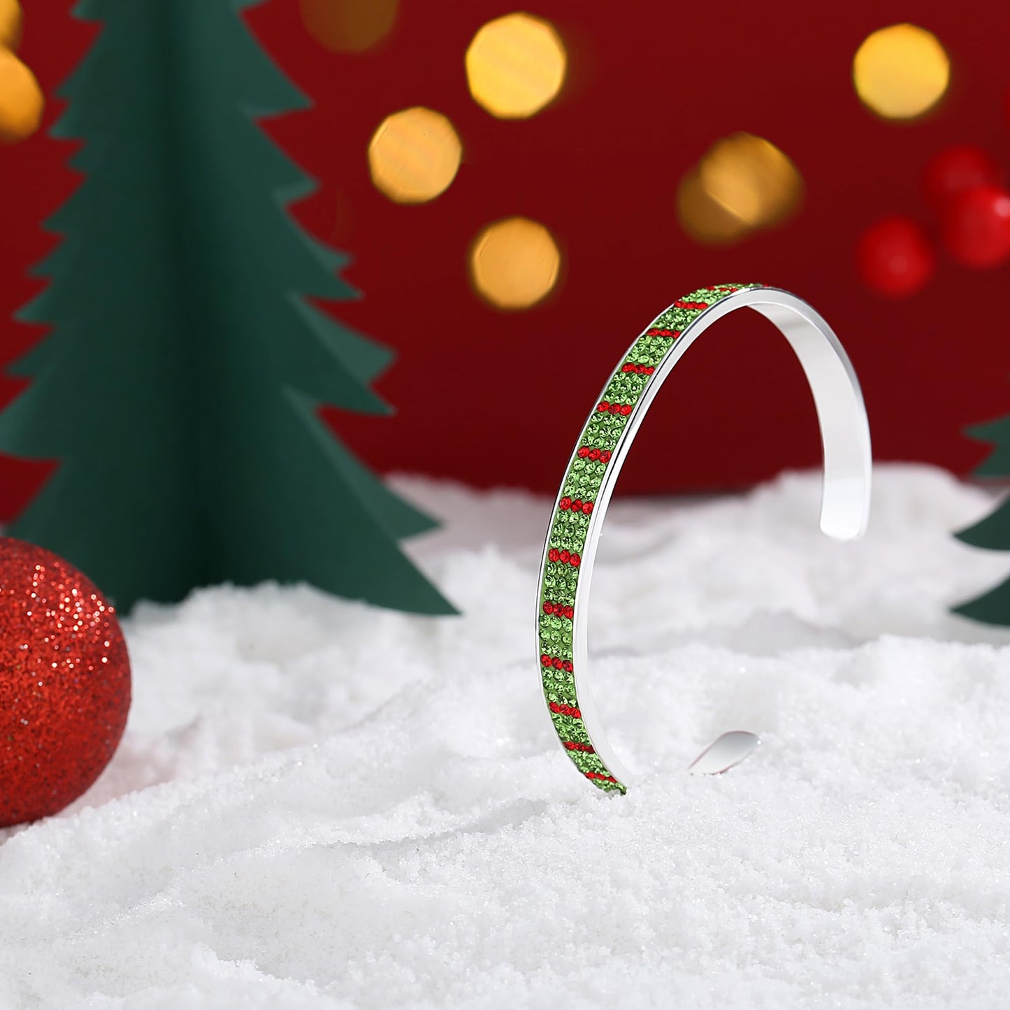 MUYUU Christmas Cuff Bracelet, Silver Plated Red and Green Bracelet, Sparkly Crystal Bracelet For Women Fashion Jewelry
