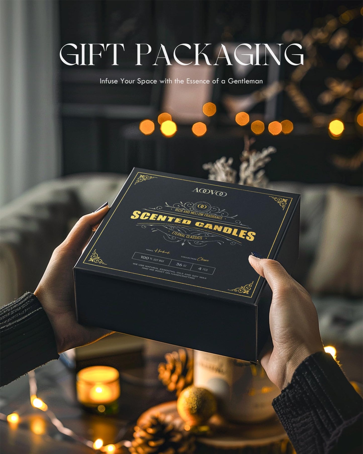 AOOVOO Scented Candles for Men - 4 Pack Candles for Home Scented, 36oz Soy Wax, 200 Hour Burn Time, Men Candle Set, Sandalwood Oud/Mahogany Teakwood/Smoke Vanilla/Jasmine Candle Set A