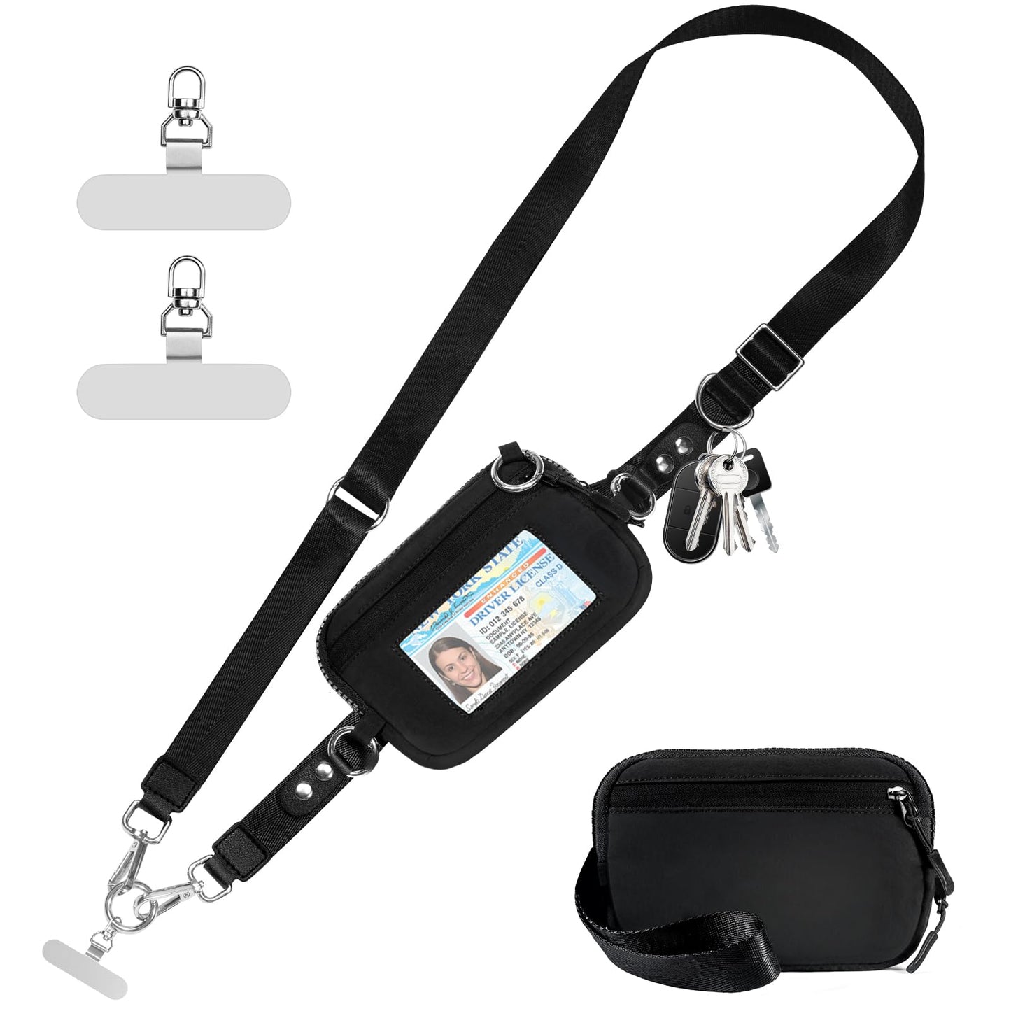 Tiostep Clip and Go Strap for Phone with Wallet Crossbody Phone Lanyard Adjustable and Detachable RFID Wristlet Wallet with ID Window and Zipper, Black