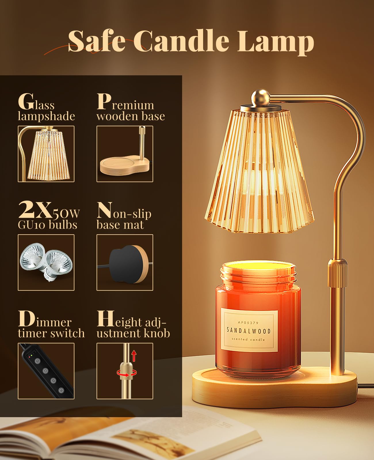 Candle Warmer Lamp, Wax Melt Warmer with 2 Bulbs for Scented Jar Candles, with Timer Dimmer Adjustable Height, Home Decor Gift for Girl Friend Mom Sister Women, No Flame No Smoke Warming Light, Amber