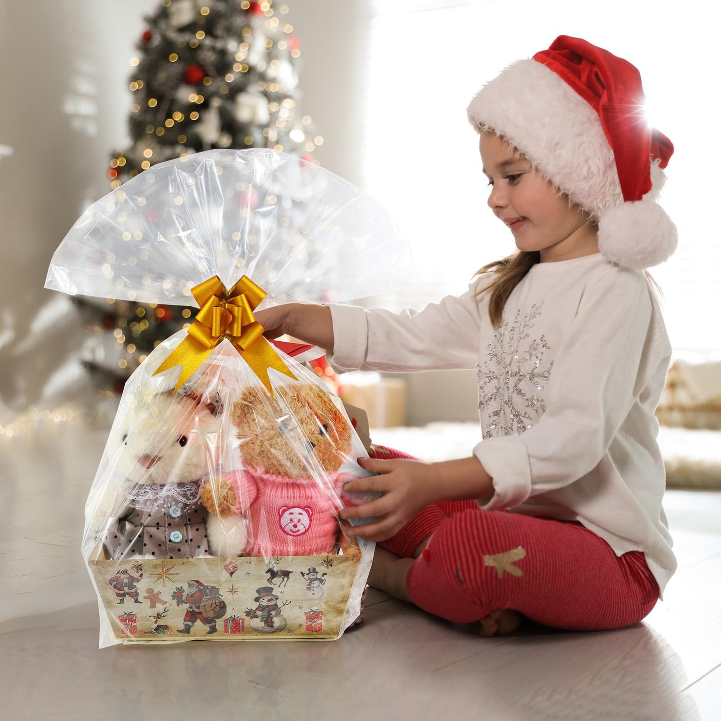 Kolewo4ever 36Pcs 12 Pack Christmas Basket Gifts Set 8x10'' Gifts Baskets for Gifts Empty to Fill with Baskets Empty, Vintage Style Xmas Basket Bags,Pull Bows for Christmas Holiday