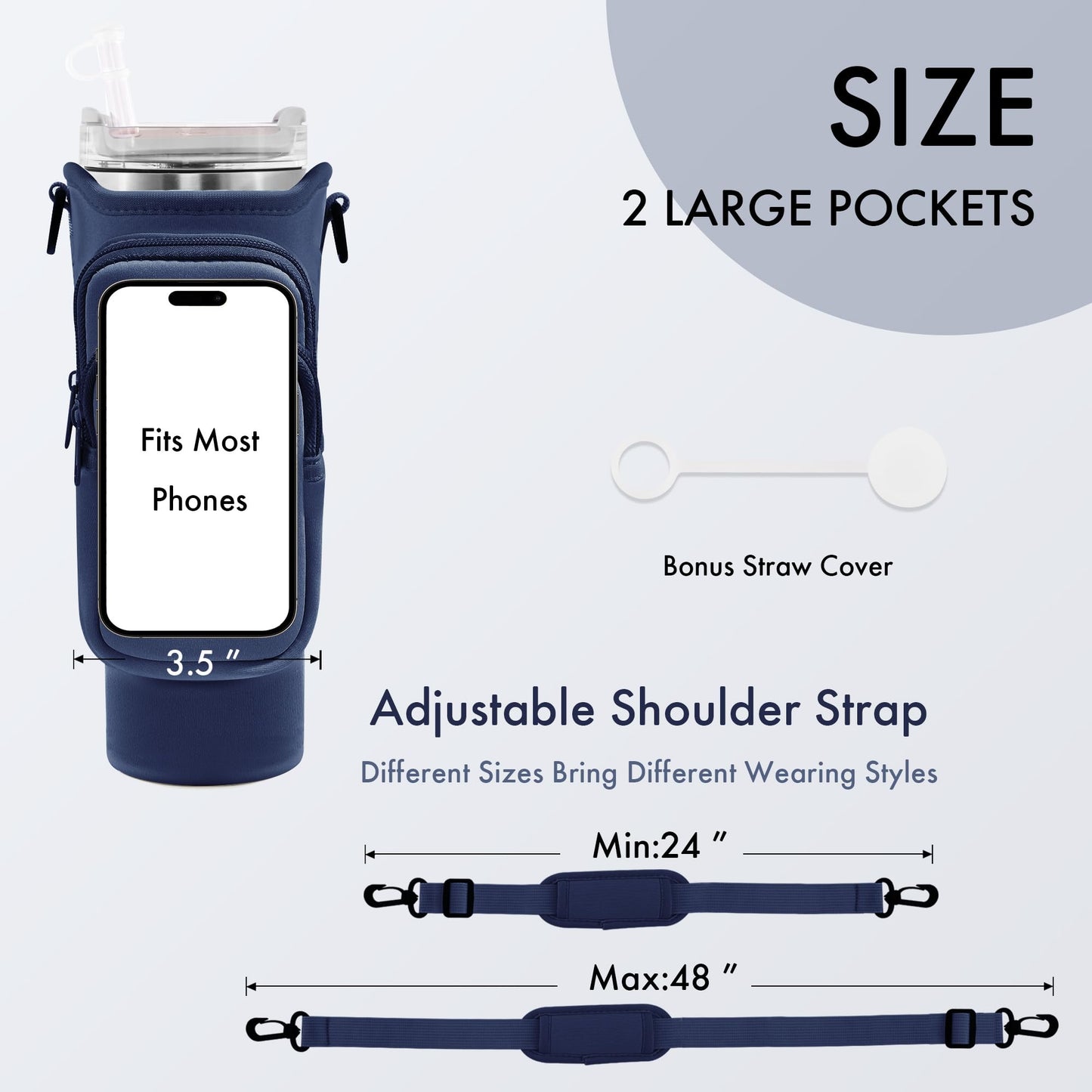 JEBEALUO Water Bottle Carrier Bag with Phone Pocket for Stanley Cup 40/30 oz, Water Bottle Holder with Adjustable Strap& Straw Cover, Stanley Cup Accessories (Prussian Blue)