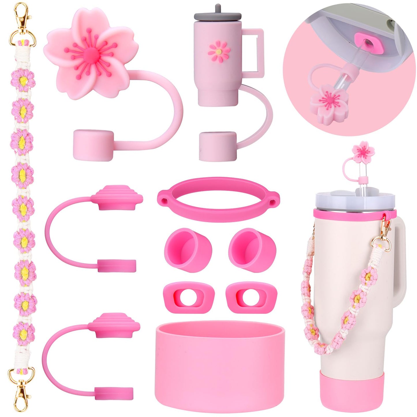 Mity rain 11PCS Cup Accessories for Stanley Cup 30oz 40oz Tumbler with Handle, Including Water Bottle Handle Strap, Spill Proof Stopper, Boot, Straw Topper Cover Cap for Stanley (Pink)