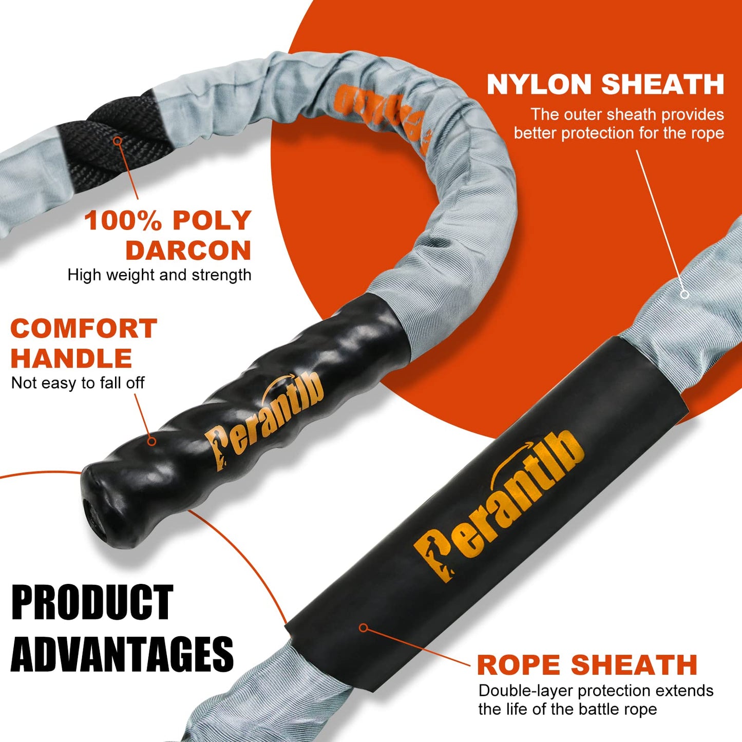 Perantlb Battle Rope with cloth sleeve -1.5/2 Inch Diameter 30' 40' 50' Lengths -Gym Muscle Toning Metabolic Workout Fitness, battle rope Anchor Strap Kit Included (1.5" x 50 ft Length)