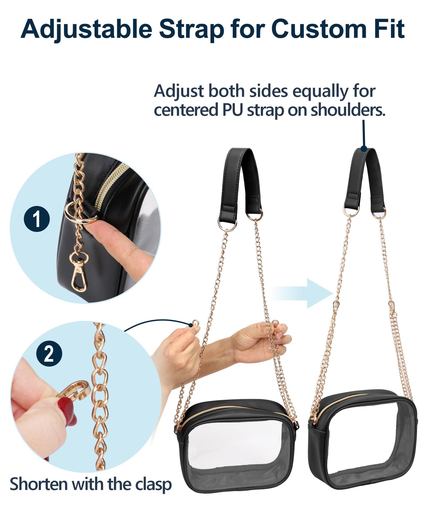 PACKISM Stylish Clear Crossbody Bag - Clear Purse Stadium Approved for Women, Fashionable PU Leather Design with Adjustable Chain Straps, Perfect for Sports & Concerts, Black