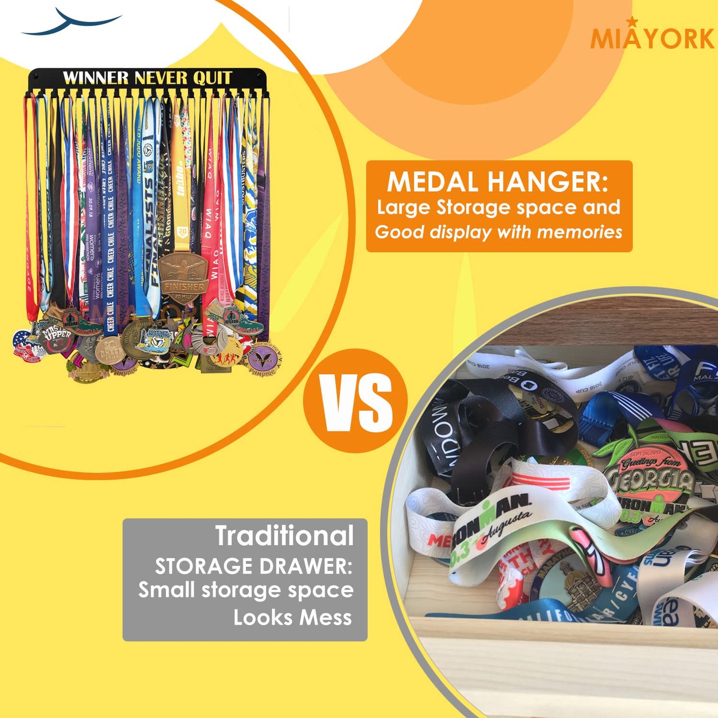Miayork Medal Holder Display Hanger Race Rack Ribbon Wall Frame with 20 Hanging Hooks Easy Use Easy Install-Run Wrestling Kids Swim Cheer Medal Holder Display Rack in Black Effect-WINNER NEVER QUIT
