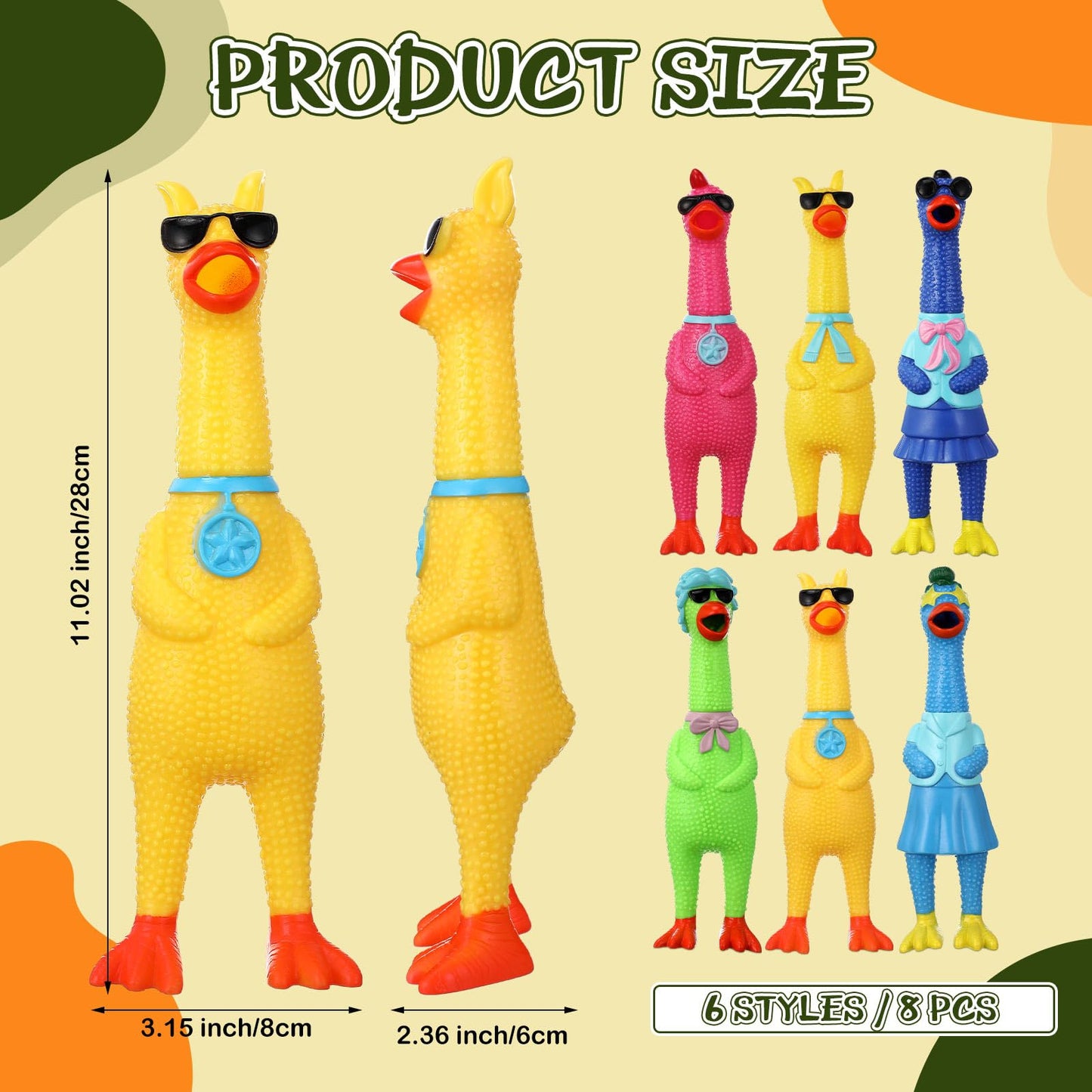 Suilung 8 Pcs Silly Rubber Chicken Screaming Chicken Dog Toy with Squeaker Large Squeaky Prank Noise Maker for Party Gift Prank Novelty Gifts Rubber Dog Toys(11 Inch,Mixed Style)