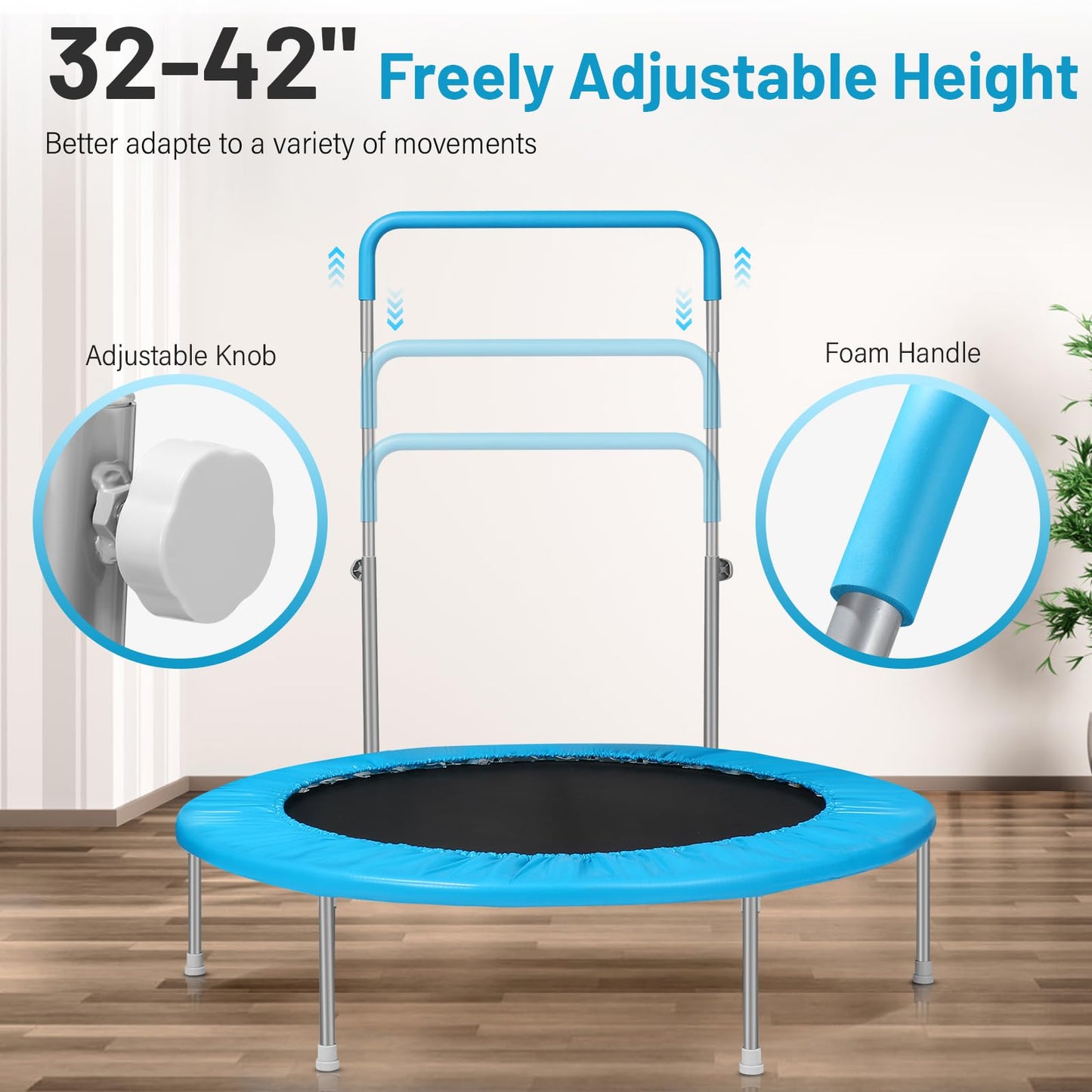 Lyromix 40Inch Rebounder Trampoline for Adults with Adjustable Bar, Mini Fitness Trampoline for Adults and Kids, Small Exercise Trampoline with Handle for Indoor Outdoor Workout, Blue