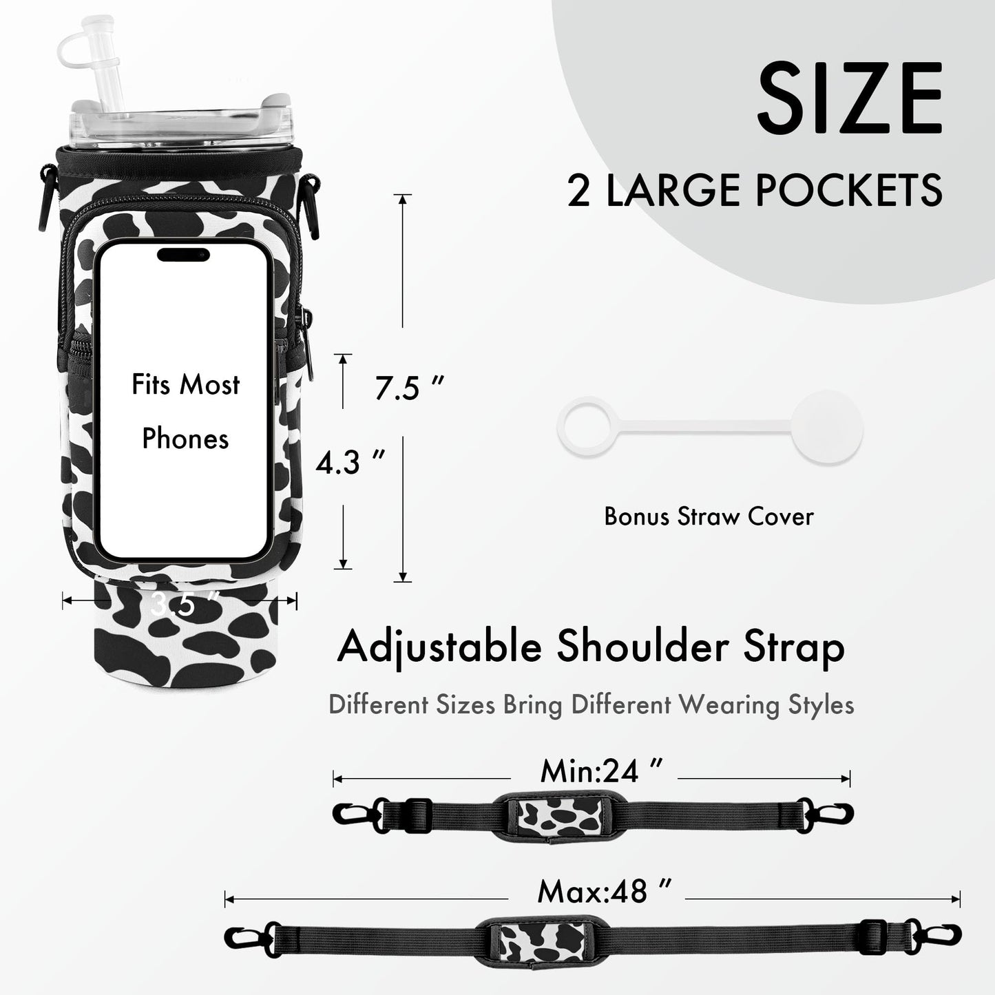 JEBEALUO Water Bottle Carrier Bag with Phone Pocket for Stanley Cup 40/30 oz, Water Bottle Holder with Adjustable Strap& Straw Cover, Stanley Cup Accessories (Cow)