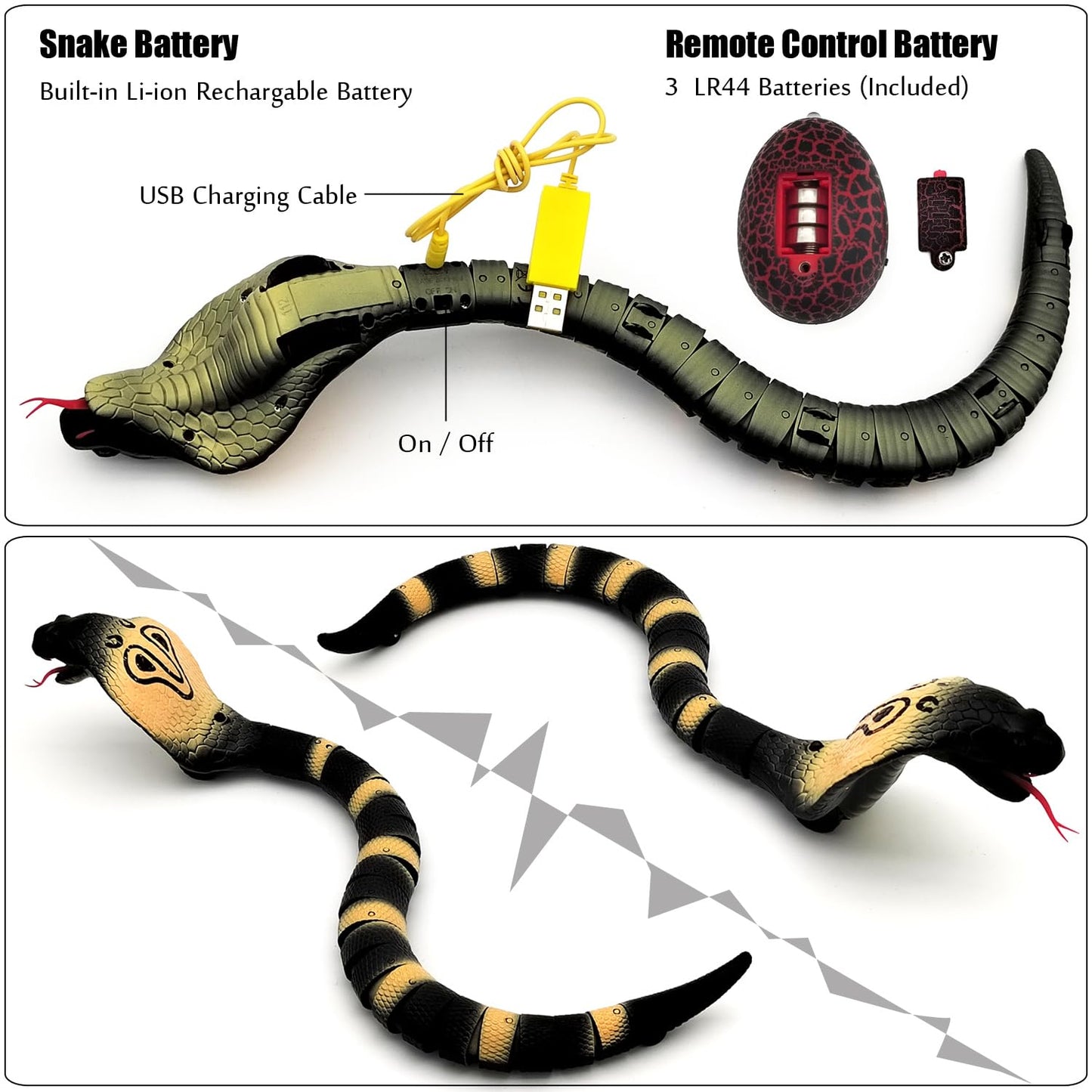 Tipmant Realistic Remote Control Snake RC Cobra Animal Toy Crawling Electric Electronic Battery Powered Honored for Kids Cat Halloween Christmas Prank Toys Birthday Gifts (Grey)