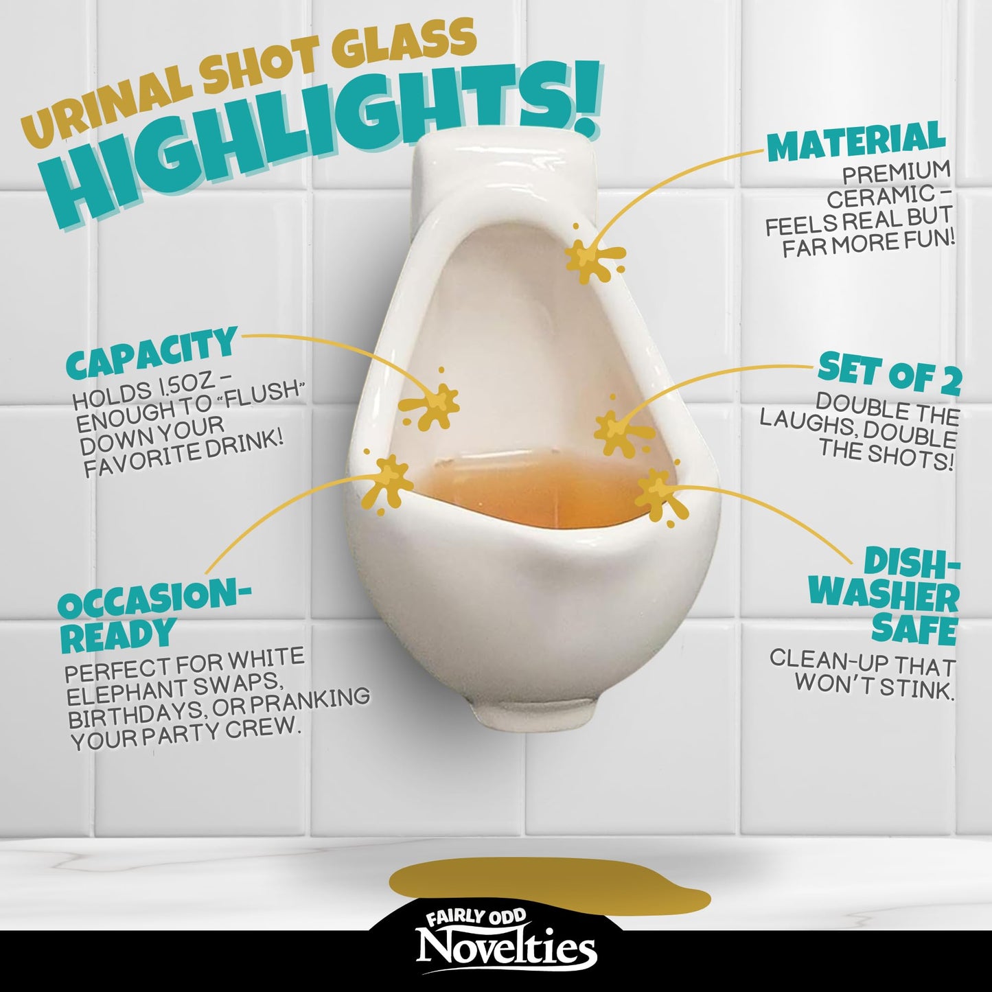 Fairly Odd Novelties Ceramic Urinal Shot Glasses, Set of 2, 1.5oz - Perfect Gag, White Elephant, Novelty Party Gift