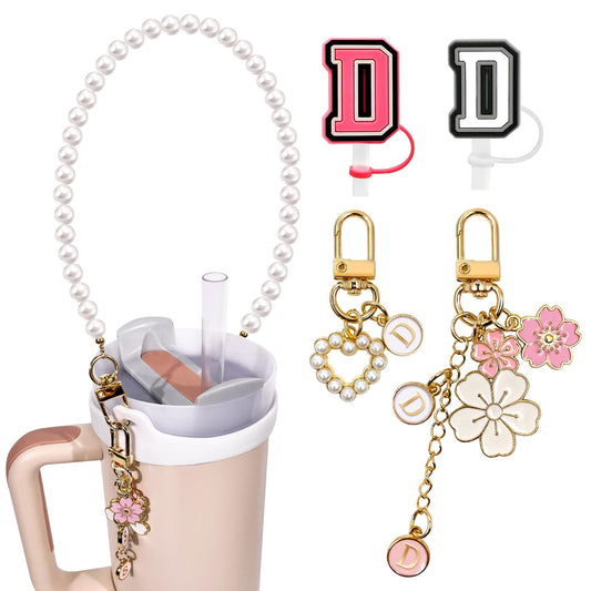 Lingdeer Water Bottle Handle with 2Pcs Letter Charms & 2Pcs Personalized Initial Straw Cover Toppers, Water Bottle Holder Lanyard Sling Carrier Strap, Suitable for 30&40 Oz Stanley Cup Accessories (D)