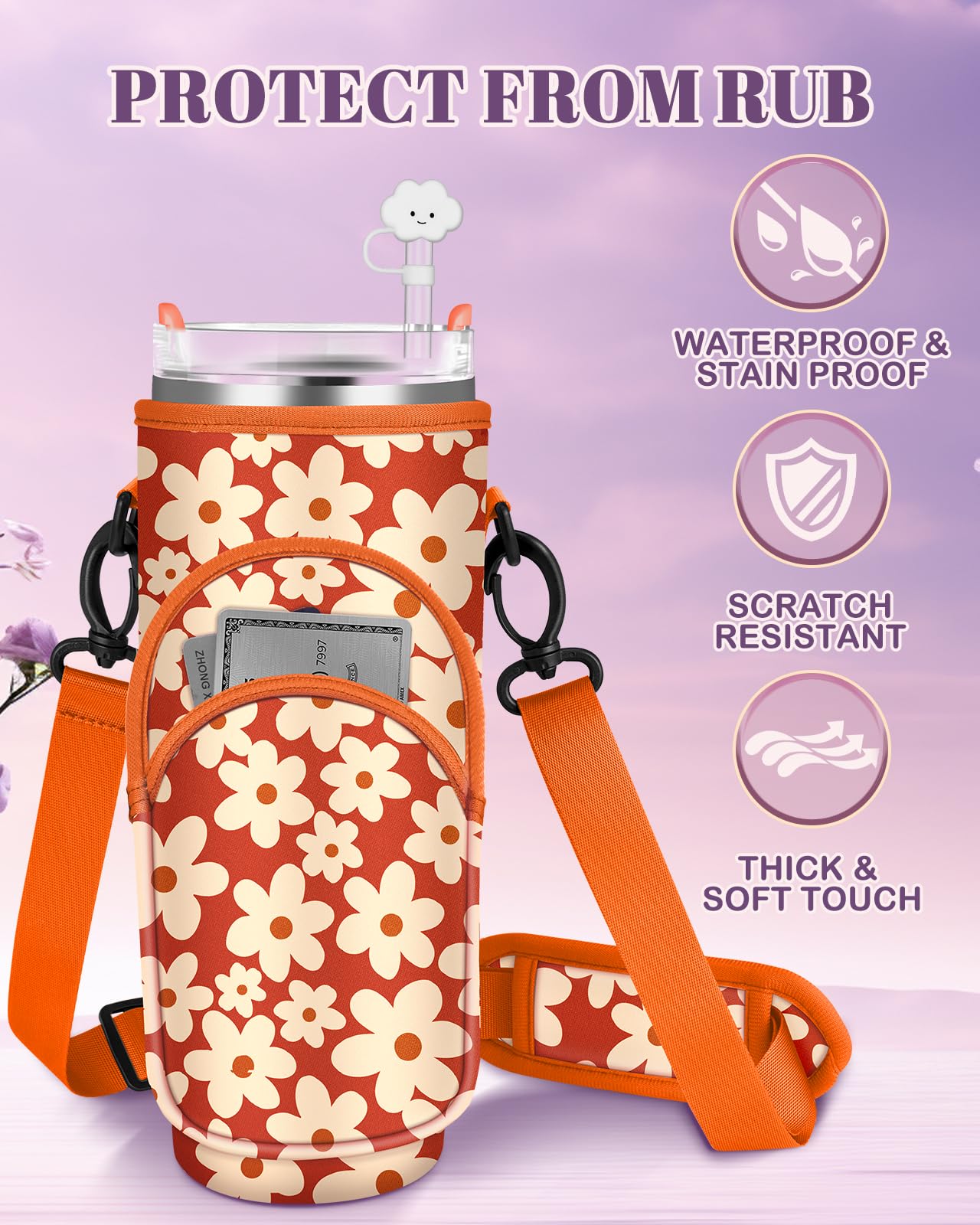 Toykee Water Bottle Holder Carrier Bag for Stanley 40 OZ Tumbler with Strap Phone Pocket, Orange Wrap Around Drink Cup Purse Pouch with Straw Cover Cleaner Brush Accessories Flower Print